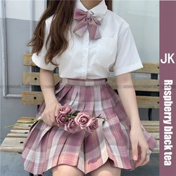 [Raspberry black tea] Student Girls Japanese Sweet College School JK Uniform White Pink Short Sleeve Sailor Pleated Skirt Suits