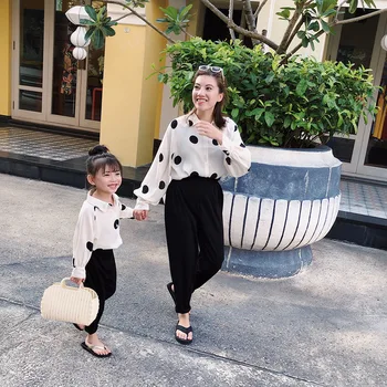 

2PCS WLG family matching clothes autumn white dot printed chiffon shirt and black pant clothing set mommy and me fashion clothes