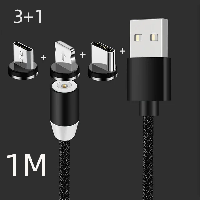 3 in 1 black Магнитный зарядный светодиодный кабель Micro usb type C 2A для быстрой зарядки и передачи данных для мобильных телефонов - Цвет: 3 in 1 black
