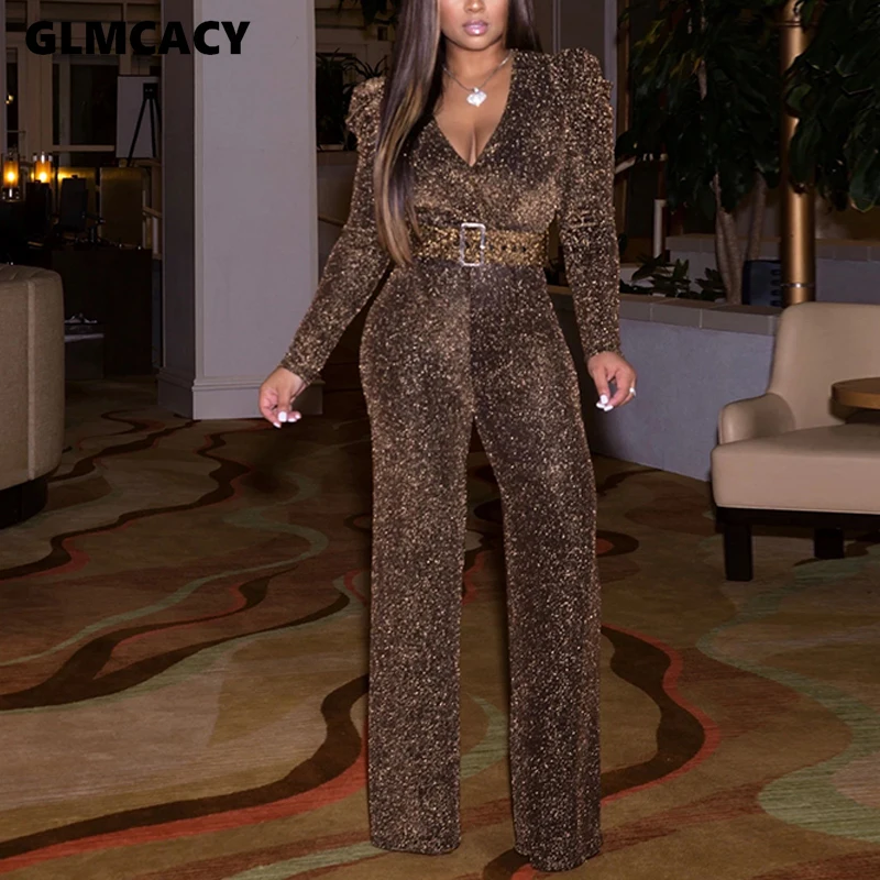 Women Belted Glitter Long Jumpsuit Wide Leg Pants Solid Sparkly Puff Sleeve One Piece Jumpsuit Sexy V Neck Club Outfits Overalls Women Belted Glitter Long Jumpsuit Wide Leg Pants Solid Sparkly Puff Sleeve One Piece Jumpsuit Sexy V Neck Club Outfits Overalls