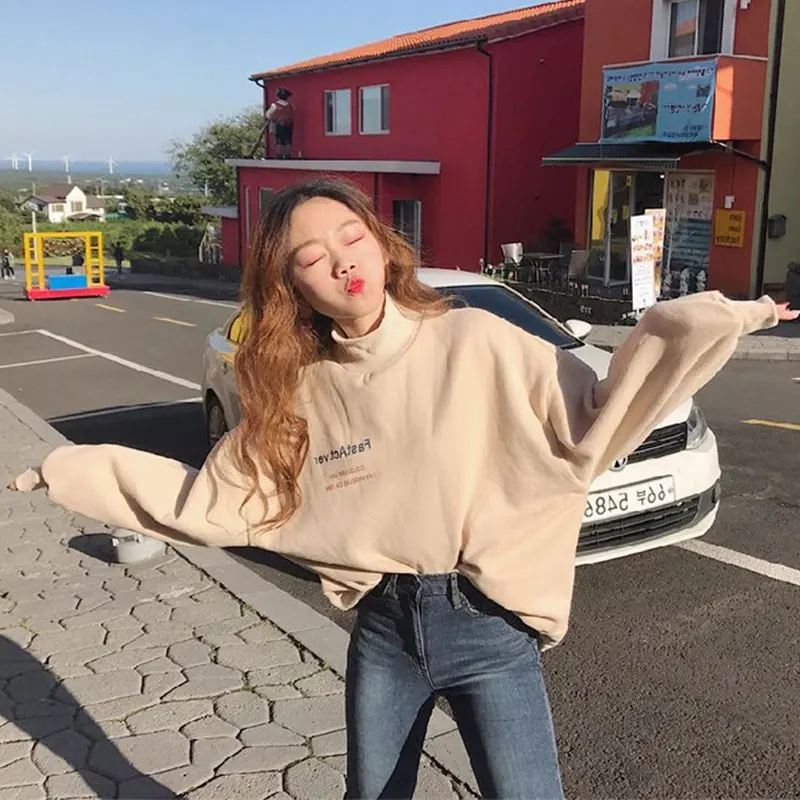 Толстовки женские милые Kawaii с длинным рукавом в Корейском стиле для отдыха повседневные буквы новые бархатные теплые мягкие универсальные ретро
