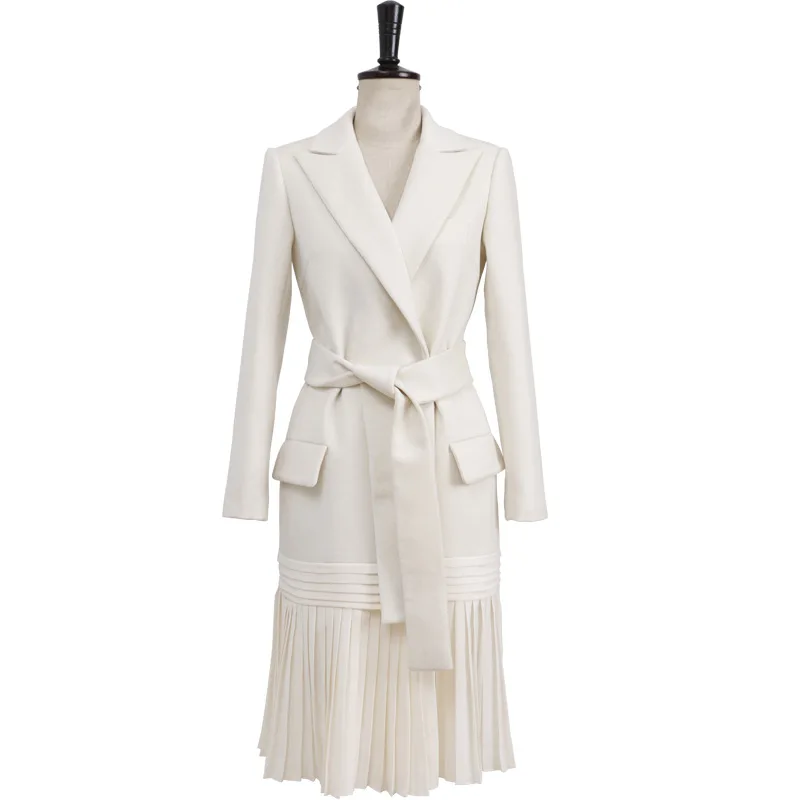 white windbreaker Осенняя Женская ветровка с отворотом, длинный рукав, бандаж, тонкий подол, плиссированный Тренч, Женское пальто, модная одежда, новинка - Цвет: white windbreaker