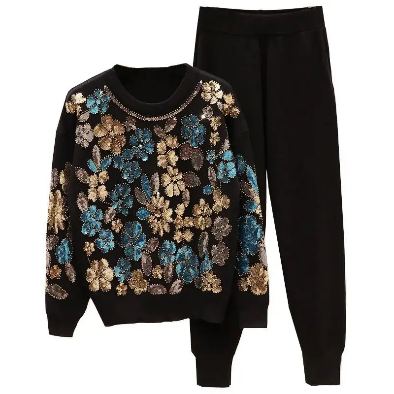 

Winter Sweater Pants 2Pcs Set Pattern Women Tracksuits Sequined Embroidery Knit Pullover Pants Trousers Suits Clothing Set