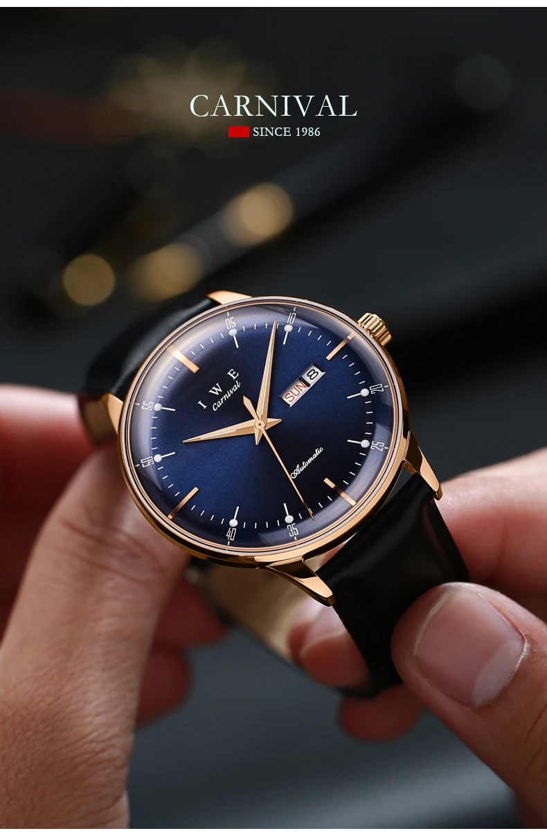 CARNIVAL Luxury Watch Men MIYOTA Mechanical Movement Waterproof Sports Top Brand Leather Luminous Wristwatch Reloj Hombre 8898