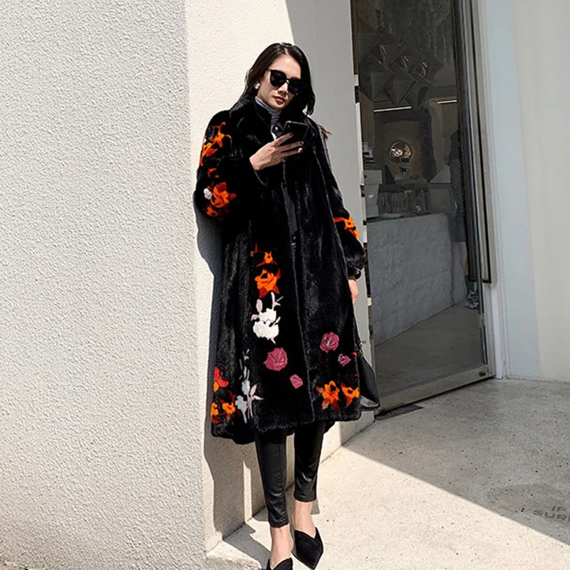 Ftangaiur Winter Import Velvet Mink Fur Coat Print Turn-Down Collar Mink Coat Women's X-Long Natural Real Mink Fur Coats
