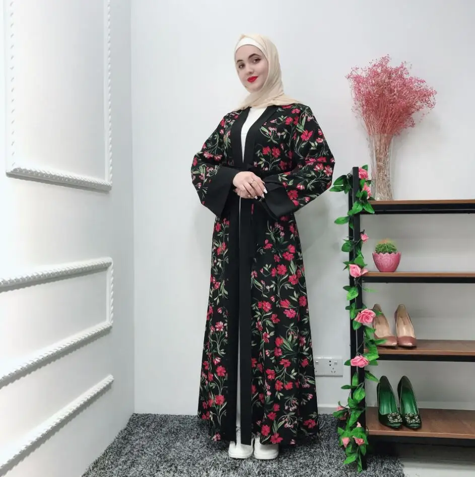 2019 переднее открытое черное abaya Дубай женское мусульманское платье бандаж кафтан Турция турецкий кардиган с принтом Исламская одежда a1245