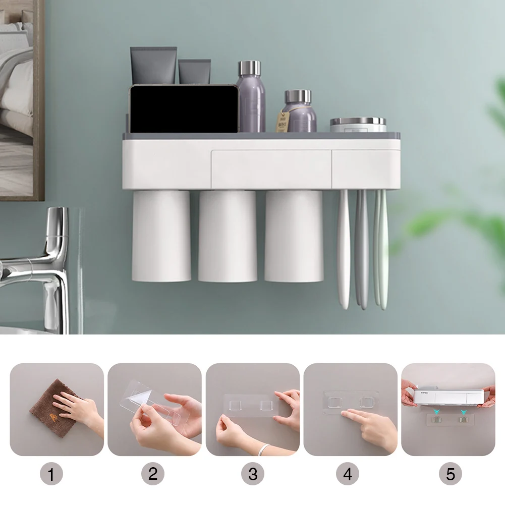 3cups Hotel Toiletry Home Space Saving Large Capacity ABS Portable Drying Magnetic Bathroom Drill Toothbrush Holder Storage Rack