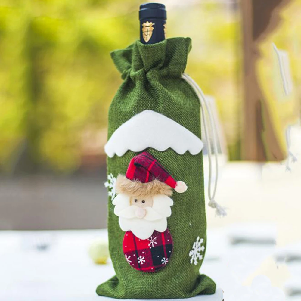 Christmas Wine Bottle Covers Bag Santa Clause Snowman Linen Champagne Bottle Covers Christmas Party Home Decor Table - Цвет: Green umbrella