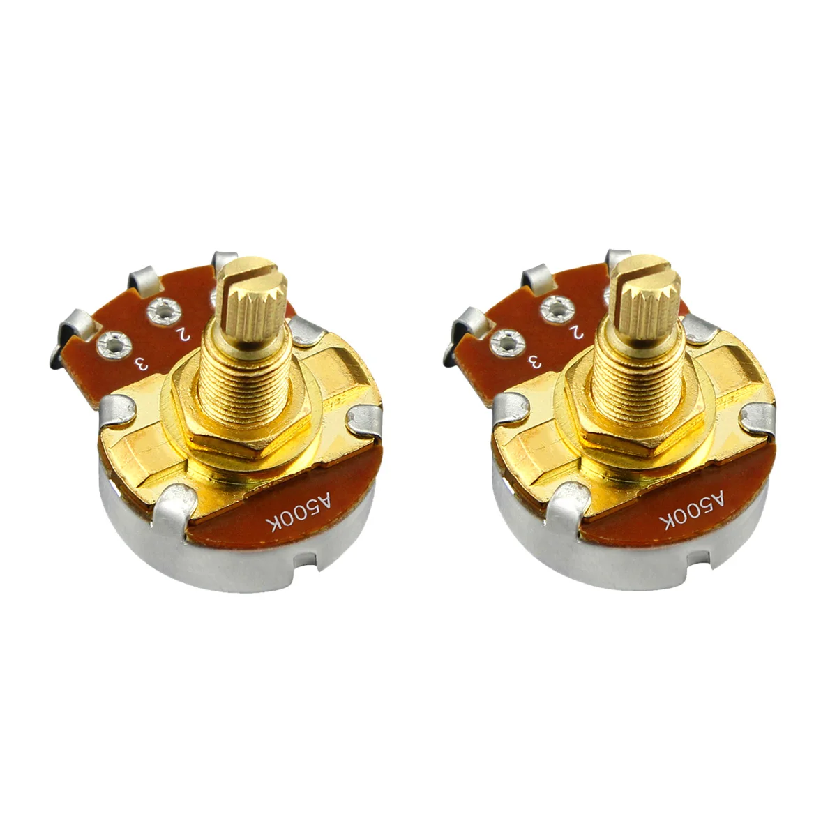 

NEW 2pcs Full Size Guitar Potentiometer A500K Tone Volume Control Pots Long Split Shaft 18mm Golden