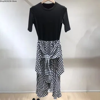 

Law Single 2020 Summer Irregular Splicing Grid Dress Sweet Fake Two Piece Tie Sleeve Lotus Leaf Side Skirt