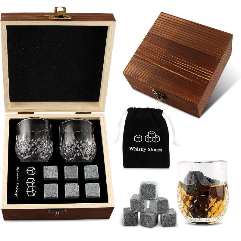 Whiskey Glass Set with 6 Pcs Bourbon Chilling Stones in Wooden Box C7AD | Дом и сад