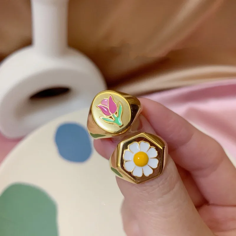 AOMU-Glazed-Little-Daisy-Tulip-Ring-Female-Fashion-Punk-Hip-Hop-Metal-Gold-Ring-Personality-Index