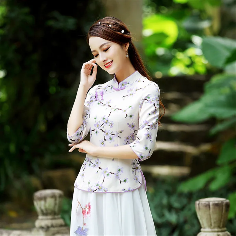 Улучшенный чёнсам Топы женские летние с коротким рукавом традиционная китайская короткая одежда костюм Танга Топы 3XL фиолетовый