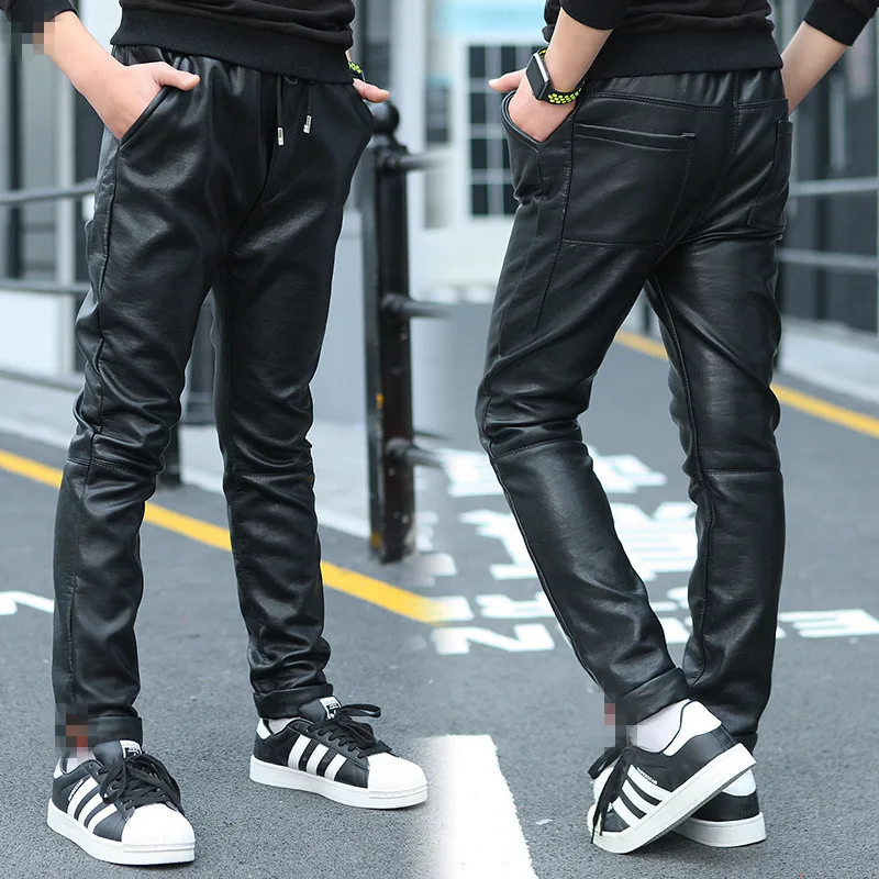 

Students Autumn And Winter Crawler Children High Quality Good Quality Black plus Velvet Warm PU Leather Pants Teenager Casual Pa