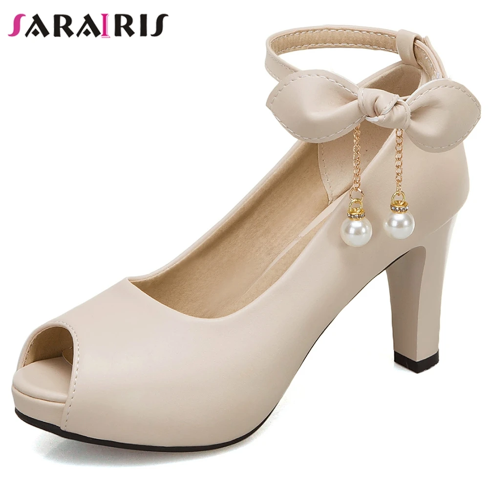 

SARAIRIS Fashion New Brand Female Butterfly Knot Pearl Peep Toe High Heel Pumps Sweet Casual Office Pumps Women Shoes Woman