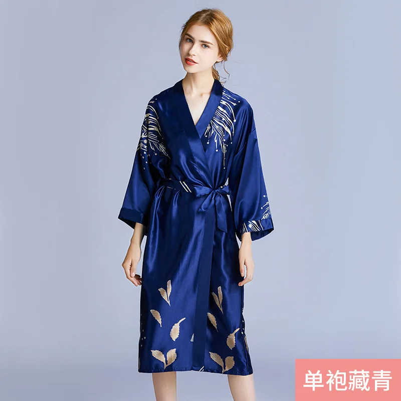 1273 Navy Blue Стиль, женская одежда для сна, летняя женская ночная рубашка большого размера с коротким рукавом, длинный Шелковый сексуальный халат с принтом - Цвет: 1273 Navy Blue