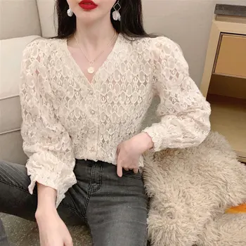 

2020 Sweet Hollow Out Women Beige Blouse Spring Autumn Long Sleeve Single Breasted Shirts Tops For Female New Casual Blusas