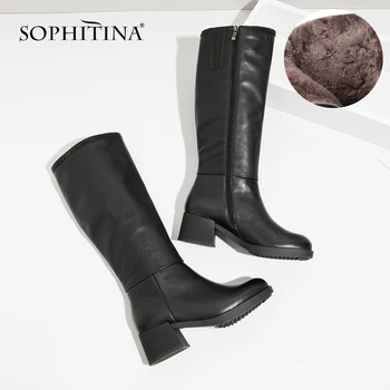 

SOPHITINA New Sexy Knee-High Boots Cow Leather High Heel Elegant Round Toe Warm Short Plush Winter String bead Shoes Boots BA20