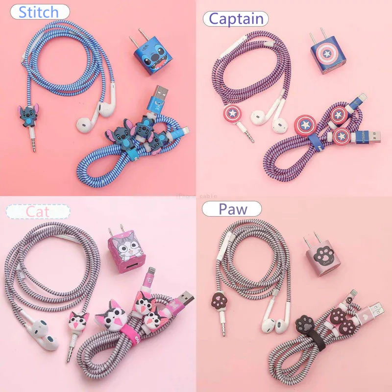 Disney Marvel Stitch Mickey Minne Usb Cable Earphone Protector Set With