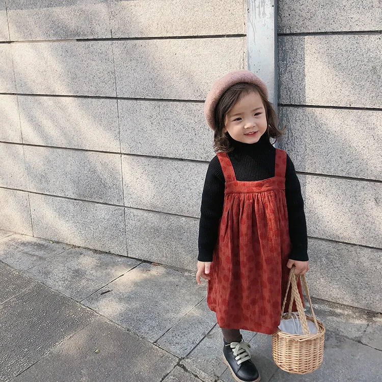 

Winter fashion girls dot fleece thicken double layer overalls dress kids pure cotton all-match princess suspender dresses