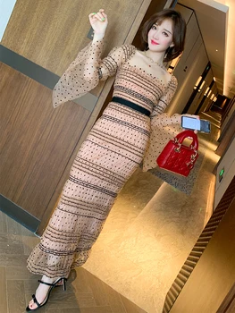 

Trendy Sexy Square Collar Horn Sleeve Polka Dot Embroidered Striped Mesh Slim Dress Women's Fashion Summer New Style