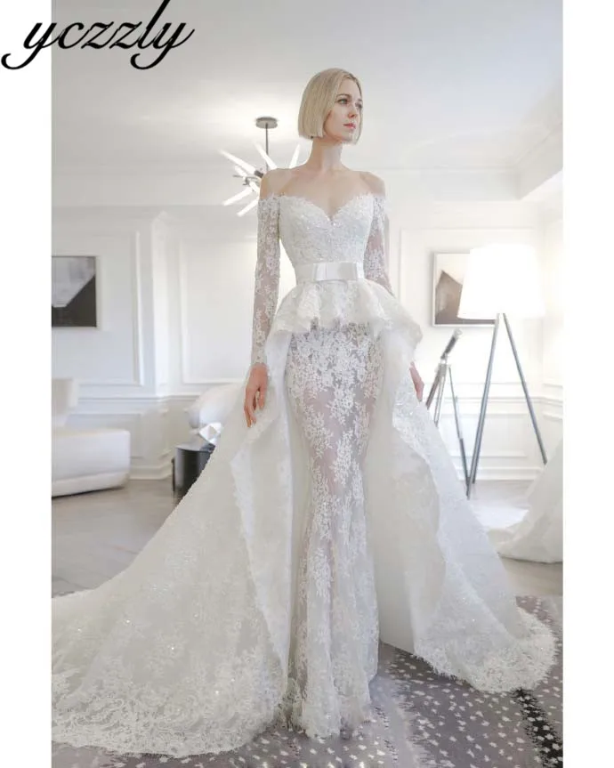 Vestido De Noiva Sereia сексуальное свадебное платье с открытыми плечами и кружевной аппликацией со съемной юбкой, платье невесты с длинными рукавами и кристаллами