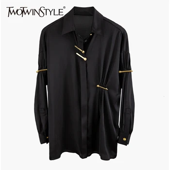 

TWOTWINSTYLE Patchwork Pins Casual Blouses For Female Lapel Collar Long Sleeve Asymmetrical Women's Shirts 2020 Fashion Clothing