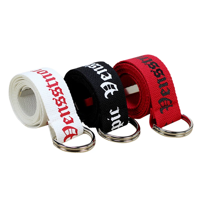 Letters Printed D Ring Double Buckle Punk Waist Strap Women Men Long Wide Belt Unisex Canvas Belts