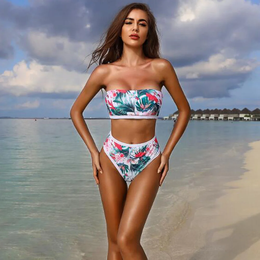 

Vintage Digital Printed Bathing Suit Female Push Up Strapless Sexy Bikini Swimsuit High Waisted Bandeau Swimwear Women Biquini