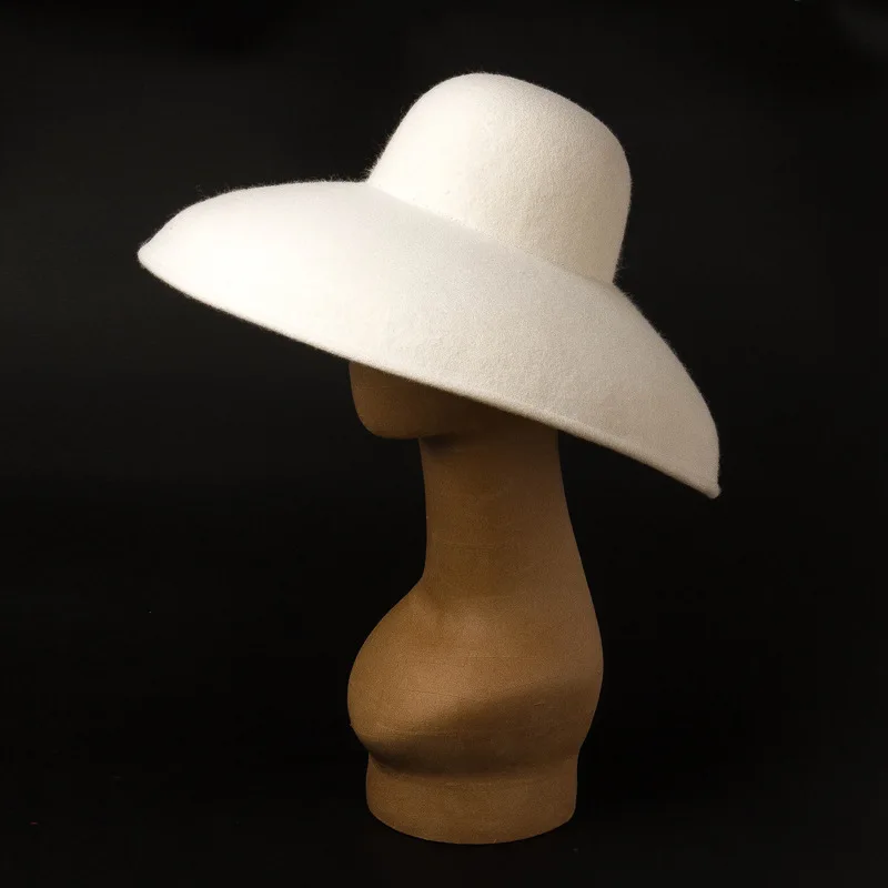 

01908-HH8134 white wool winter big brim Hepburn Style lady sun cap women leisure beach holiday hat