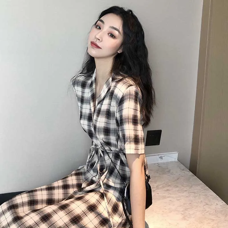 One-Piece Lady Lattice Dress 2020 Summer Fashion Korean Vintage Chiffon V-Neck Bandage Dress Women Elegant Plus Size Dresses