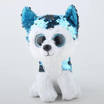 

10pcs / Lot Wholesale Price 15cm Husky Dog Sequin Regular Stuffed Animal Collection Soft Big Eyes Plush Doll Toy