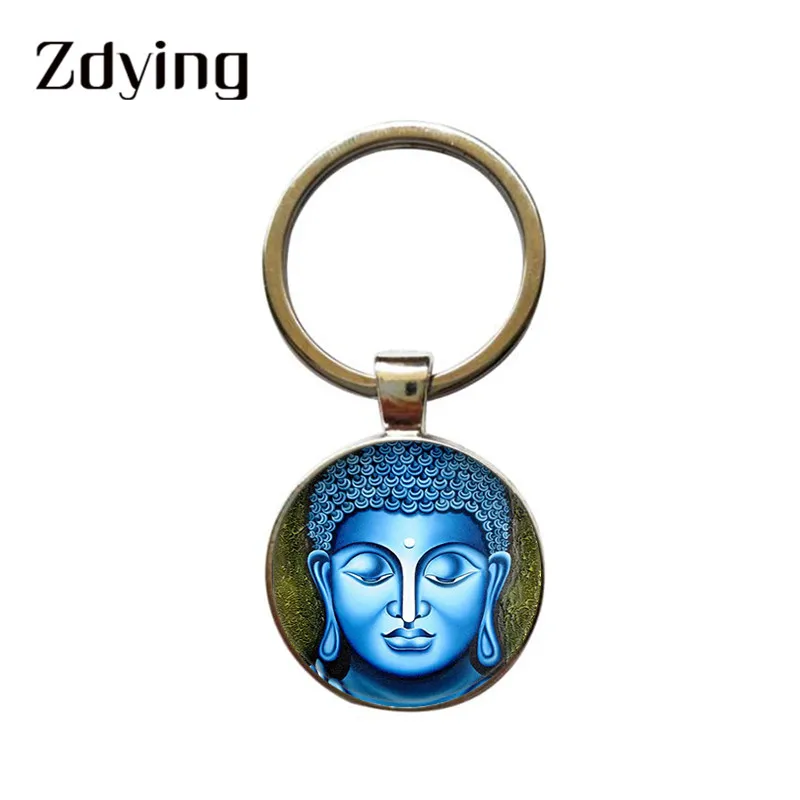 

Zdying Buddhism Religious Jewelry Keychain Handmade Round Glass Buddha Painting Cabochon Keyrings Key Ring Pendant Holder BH013
