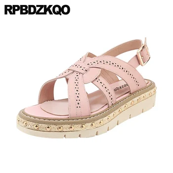 

pink plus size genuine leather large shoes 2019 women wedge platform sandals runway beige ladies slingback pumps summer flatform