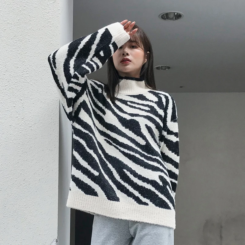 Женский вязаный свитер с высоким воротником пуловер круглым вырезом и длинным