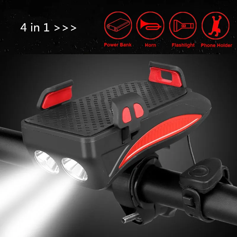 Top Waterproof Bicycle Front Lights 4 in1  Phone Holder Bike Horn USB Rechargeable Cycling  Flashlight With Power Bank Hiking tools 0