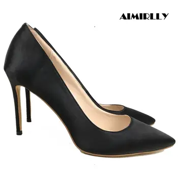 

Women's Shoes Pointed Toe High Heels Pumps Satin Black Chocolate Party Dress Shoes Stilettos Slip on