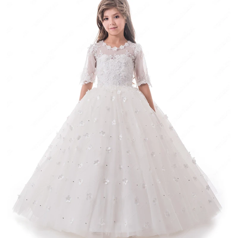 Синий пояс с жемчугом, бант, цветок, платье для девочек, Кружевная аппликация, рукав-колпачок, платье для первого причастия, вечерние платья для торжеств