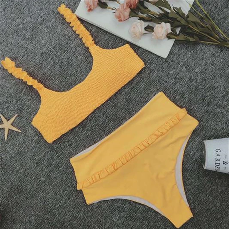 

Women Swimmig Suit Ruffle Bikinis High Waist Swimsuit Padded Bra Swimwear Solid Beach Bikini Set Lady Swimsuit Beachwear