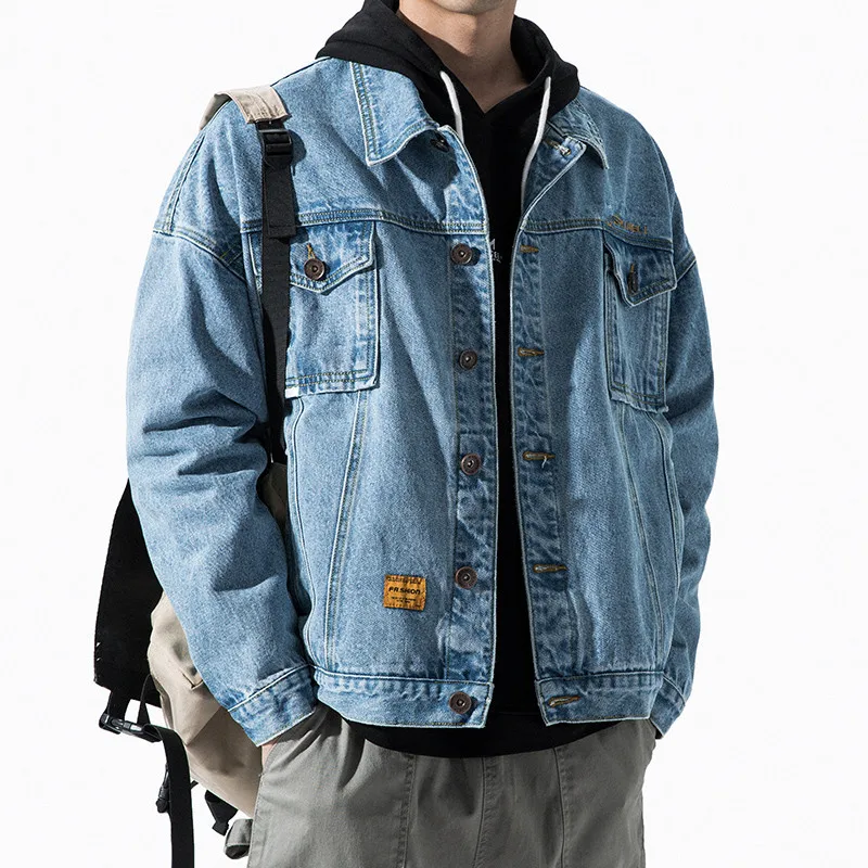 

Denim jacket men's autumn winter tide brand loose European and American street black autumn tooling jacket male Korean design