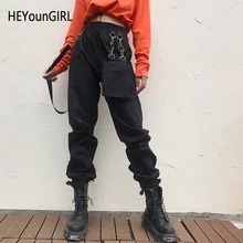 HEYounGIRL Харадзюку черные женские брюки-карго эластичные брюки с высокой талией и карманами в полоску крутые Беговые брюки в повседневном стиле женская уличная одежда