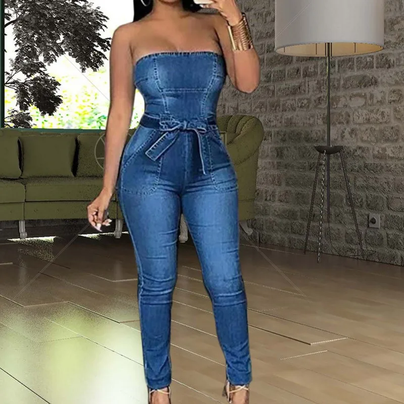 Quality Women Denim Jumpsuits African Jeans Fashion Strapless Stretch One Piece Rompers Elegant Sexy Bodycon Outfits Jumpsuit