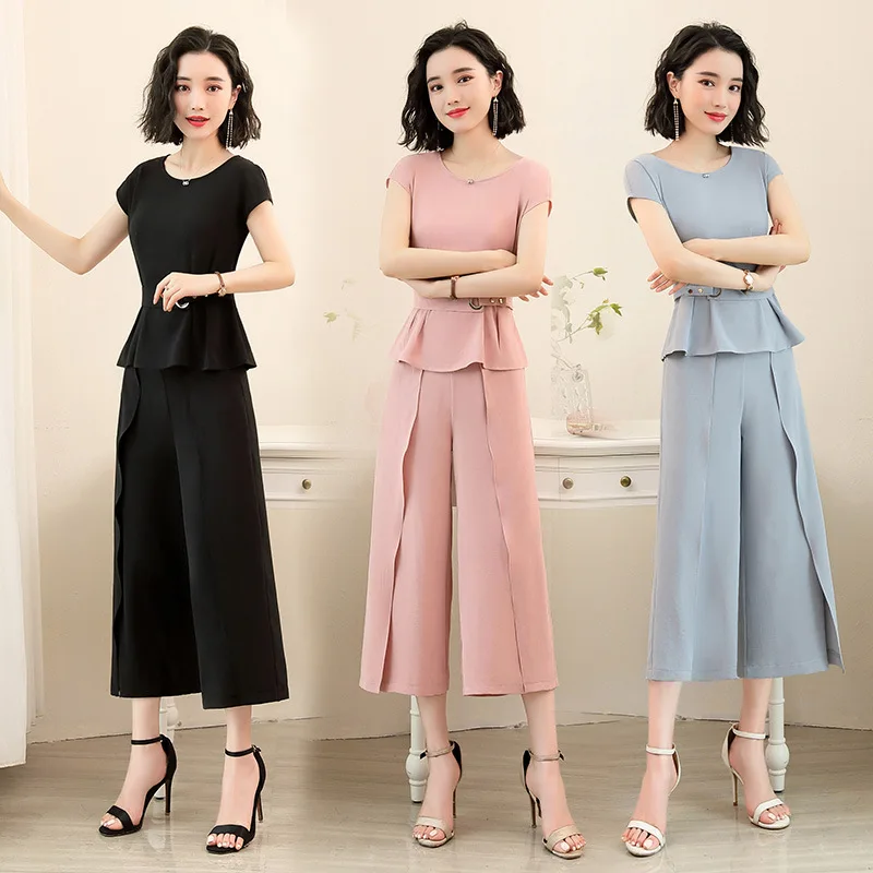 

2019 Summer Wear New Style Fashion Decoration Elegant Chiffon Tops + Loose Pants Two-Piece Set