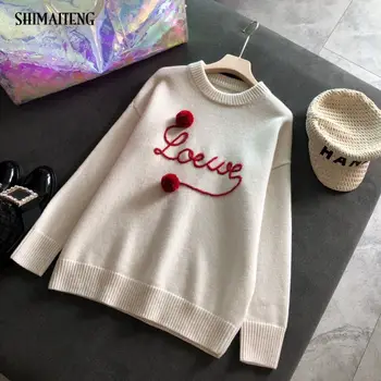 

2020 New Fashion Letter Embroidery Sweater Women Winter Warm Hairball Female Casual White Pullover Lovely Knitted Simple Sweater