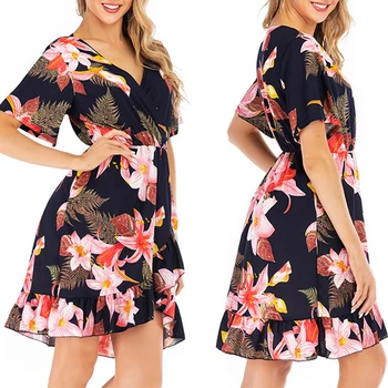 

Women Short Sleeve V-neck Floral Print Dress Ladies Summer Fashion Ruffle Hem Dress