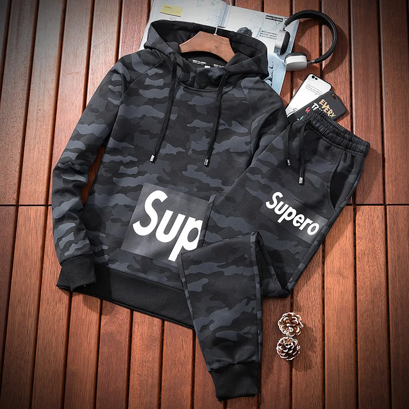

MEN'S Suit Korean-style Fashion Handsome 2019 Spring New Style Long-sleeved T-shirt Camouflage Casual Sports Hoodie Two-Piece Se