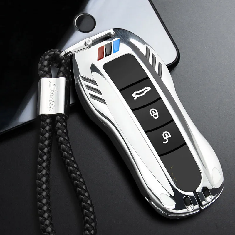 Чехол для ключей автомобиля из цинкового сплава, чехол-брелок для Porsche Boxster Cayman 911, Panamera Cayenne Macan, подарок для мужчин с цепочкой для ключей - Название цвета: silver rope set