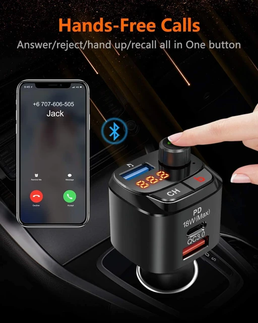 Bluetooth 5.0 FM Transmitter for Car,QC3.0&Type-C PD 18W Wireless