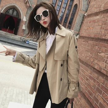 

New Korean Edition Windswear Short Style Coat Shoulder Badge Fasten Belt Cuff Windbreaker Female Trenchs Women