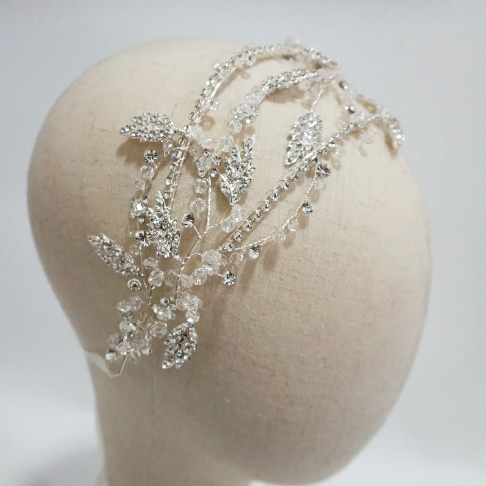 Luxury Crystal Bridal Tiara Antique Silver Leaf Wedding Crown Handmade Headband Party Prom Hair Jewelry Brides Accessories
